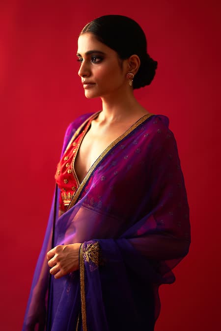 Shop_Nishar Ahmed_Purple Silk, Organza Zari, Embroidery Floral Butti Saree_Online_at_Aza_Fashions