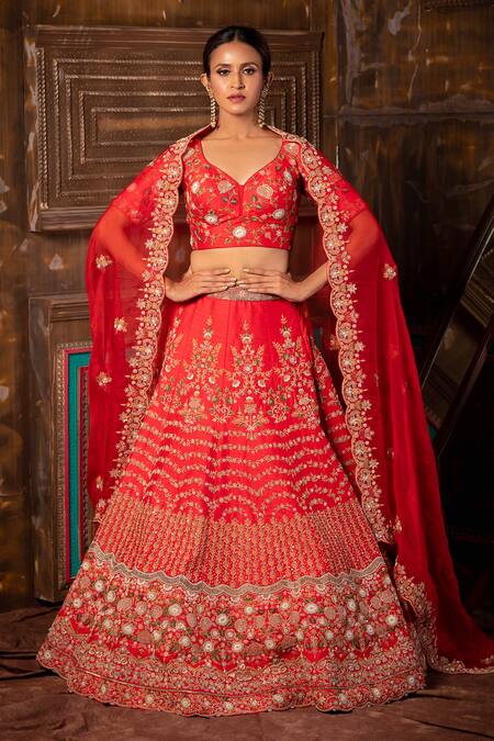 Shop Moha Atelier Red Raw Silk Hand Embroidered Salma Filigree And Resham Work Bridal Lehenga Set at Aza Fashions Shop_Moha Atelier_Red Raw Silk Hand Embroidered Salma Filigree And Resham Work Bridal Lehenga Set_at_Aza_Fashions