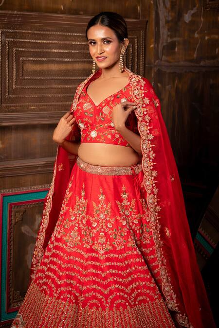 Buy Moha Atelier Red Raw Silk Hand Embroidered Salma Filigree And Resham Work Bridal Lehenga Set Online at Aza Fashions Buy_Moha Atelier_Red Raw Silk Hand Embroidered Salma Filigree And Resham Work Bridal Lehenga Set_Online_at_Aza_Fashions