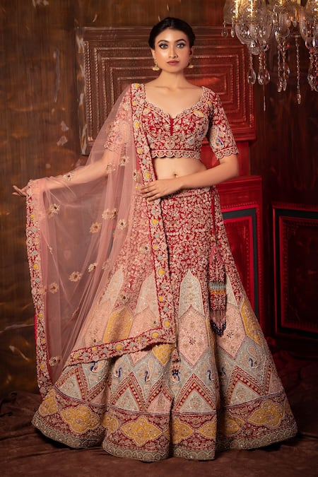 Buy Maroon and Peach Net Embroidered Lehenga Choli Online : 92746 -