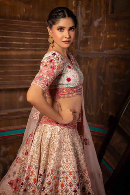 Shop_Moha Atelier_Pink Raw Silk Embroidered Filigree Zardozi And Vintage Bridal Lehenga Set_Online_at_Aza_Fashions