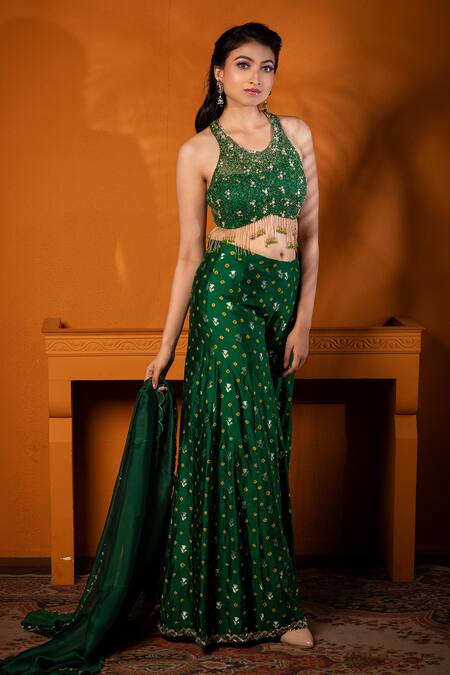 Moha Atelier_Green Top Net And Silk Hand Embroidery Floral Embellished & Pattern Sharara Set_Online_at_Aza_Fashions