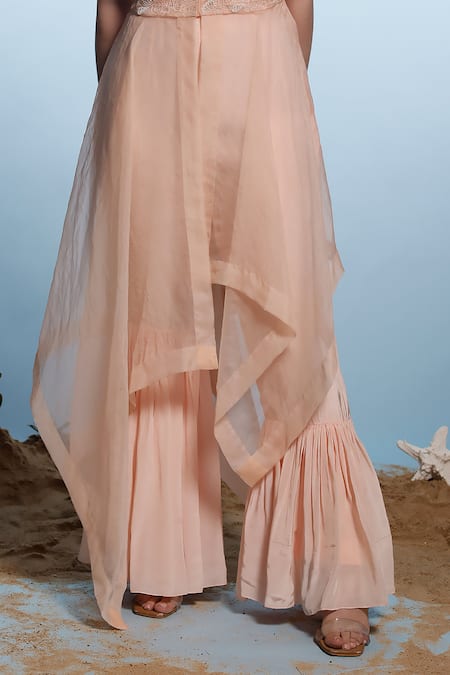 Eclat By Prerika Jalan Peach Organza, Satin, Crepe Pearls V-neck Embroidered Jacket Gather Pant Set Online at Aza Fashions Eclat By Prerika Jalan_Peach Organza, Satin, Crepe Pearls V-neck Embroidered Jacket Gather Pant Set _Online_at_Aza_Fashions