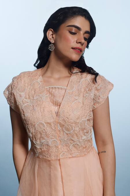 Buy_Eclat By Prerika Jalan_Peach Organza, Satin, Crepe Pearls V-neck Embroidered Jacket Gather Pant Set _Online_at_Aza_Fashions