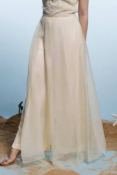 Eclat By Prerika Jalan Off White Organza, Silk , Pearls, Embroidery V-neck, Overlay Pant Set Online at Aza Fashions Eclat By Prerika Jalan_Off White Organza, Silk , Pearls, Embroidery V-neck, Overlay Pant Set _Online_at_Aza_Fashions