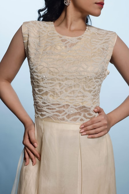 Buy_Eclat By Prerika Jalan_Off White Organza, Silk , Pearls, Embroidery V-neck, Overlay Pant Set _Online_at_Aza_Fashions