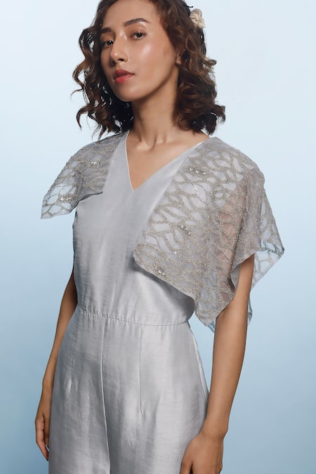 Eclat By Prerika Jalan_Gray Organza, Muslin Pearls, Applique V-neck Grey Embroidered Jumpsuit _Online_at_Aza_Fashions