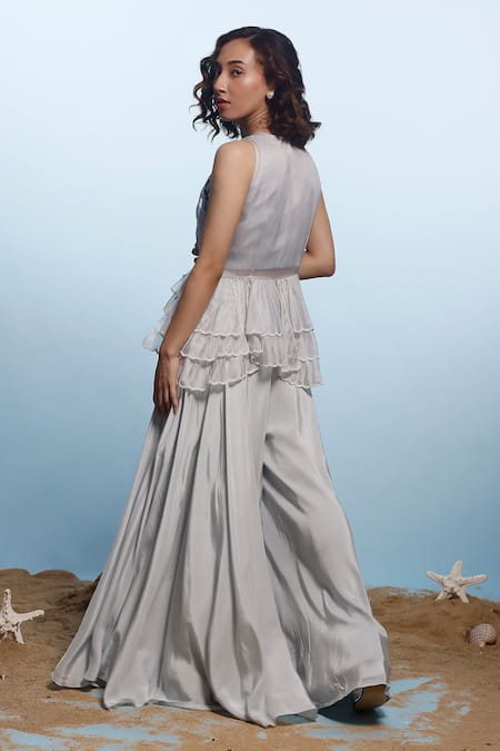 Eclat By Prerika Jalan Clamshell Pearl Embroidered Peplum Jacket Pant Set 