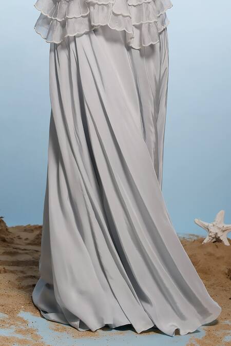 Eclat By Prerika Jalan Grey Satin, Organza, Crepe Pearls, Clamshell Embroidered Peplum Jacket Pant Set Online at Aza Fashions Eclat By Prerika Jalan_Grey Satin, Organza, Crepe Pearls, Clamshell Embroidered Peplum Jacket Pant Set _Online_at_Aza_Fashions