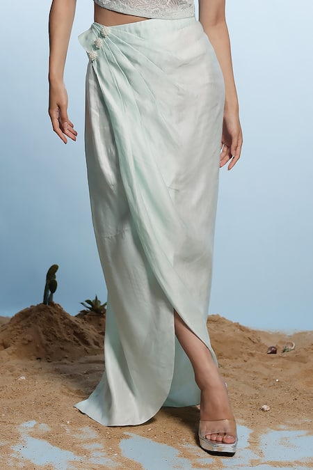 Eclat By Prerika Jalan Blue Organza, Modal Pearls High Neck Embellished Marine Pattern Top With Skirt Online at Aza Fashions Eclat By Prerika Jalan_Blue Organza, Modal Pearls High Neck Embellished Marine Pattern Top With Skirt _Online_at_Aza_Fashions