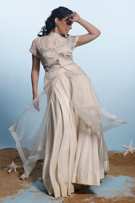 Eclat By Prerika Jalan_Ivory Organza, Satin Pearls V-neck, Ombre Embellished Peplum Jacket Pant Set _Online_at_Aza_Fashions