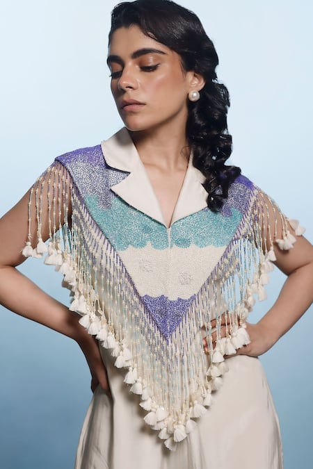 Eclat By Prerika Jalan_Ivory Crepe, Silk Cut Work, Pearls Collared Embroidered Cape With Jumpsuit _Online_at_Aza_Fashions