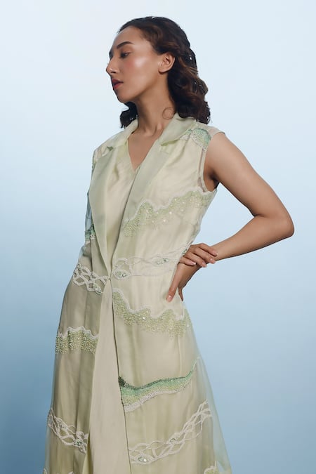 Eclat By Prerika Jalan_Green Silk Satin, Organza Cut Work, Ombre Cutdana Embellished Jacket And Dress Set _Online_at_Aza_Fashions