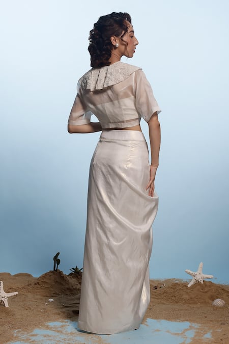 Eclat By Prerika Jalan Pearl Embroidered Ruffle Neck Crop Top Skirt Set 