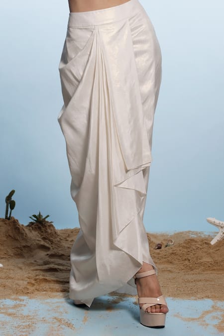 Eclat By Prerika Jalan_Ivory Organza, Silk Pearls Round Neck Embroidered Ruffle Crop Top Skirt Set _Online_at_Aza_Fashions