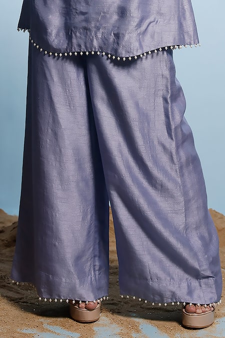 Eclat By Prerika Jalan Purple Muslin Pearls, Cut Work Round Neck Sea Shell Applique Kurta With Pant Online at Aza Fashions Eclat By Prerika Jalan_Purple Muslin Pearls, Cut Work Round Neck Sea Shell Applique Kurta With Pant _Online_at_Aza_Fashions