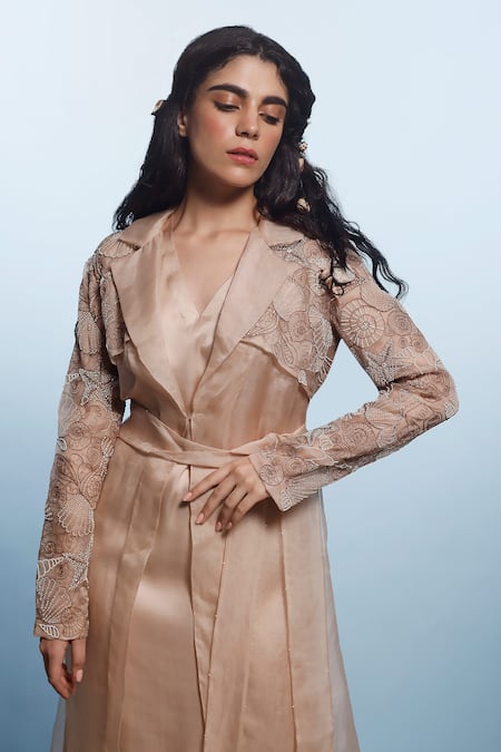 Eclat By Prerika Jalan_Beige Organza, Satin, Sea Shell Embroidered Trench Jacket With Dress _Online_at_Aza_Fashions