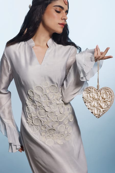 Eclat By Prerika Jalan_Gray Organza, Crepe, Muslin Embroidery Mandarin Collar Seashell Applique Dress _Online_at_Aza_Fashions
