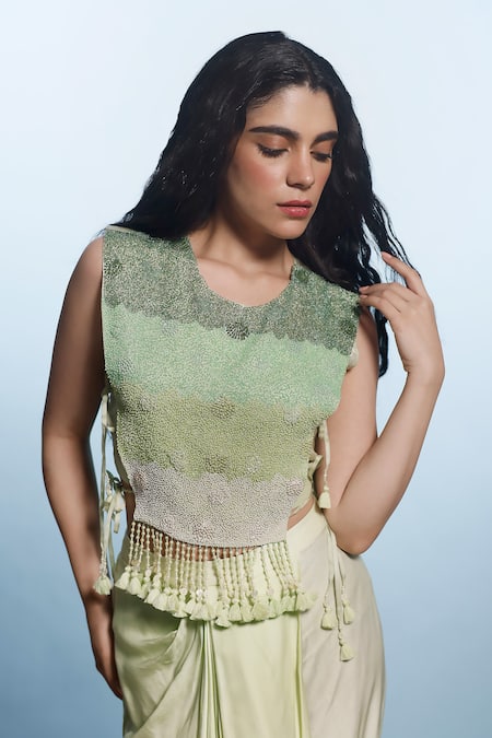 Buy_Eclat By Prerika Jalan_Green Silk , Muslin, Cut Work, Cutdana Embellished Skirt Set _Online_at_Aza_Fashions