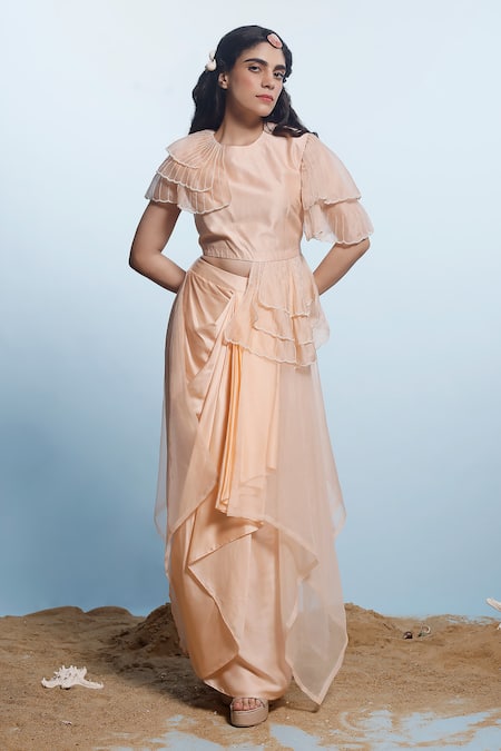 Eclat by Prerika Jalan Peach Mysore Silk Embroidered Pearl Applique Asymmetric Top With Skirt 