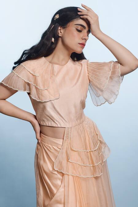 Buy_Eclat By Prerika Jalan_Peach Silk, Muslin, Organza Cut Work, Pearls Applique Asymmetric Top With Skirt _Online_at_Aza_Fashions