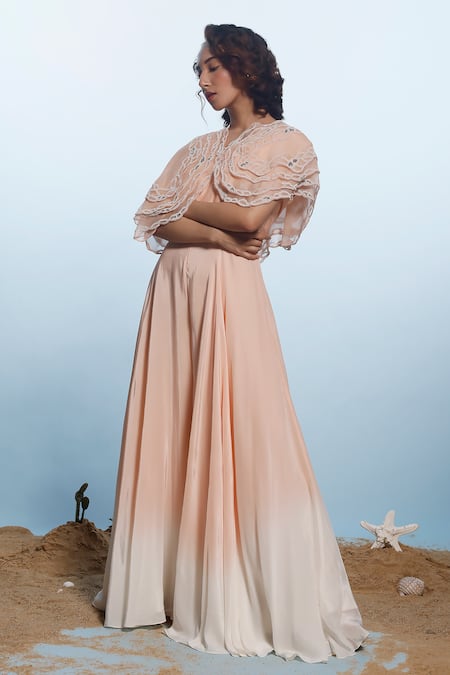 Eclat By Prerika Jalan_Peach Organza, Crepe Cut Work, Pearls V-neck Embroidered Cape And Ombre Jumpsuit _Online_at_Aza_Fashions