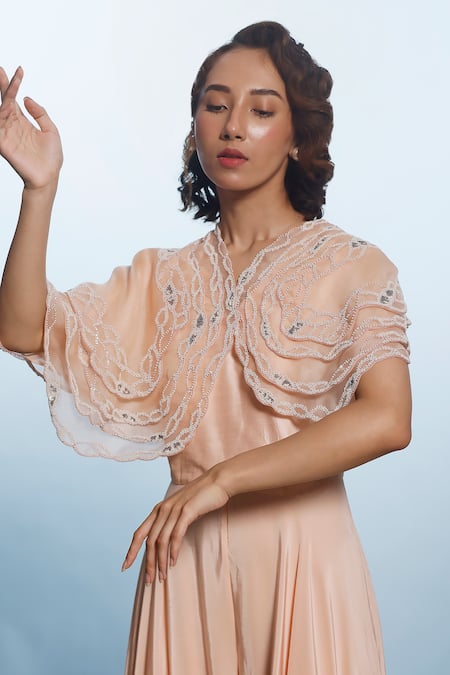 Buy_Eclat By Prerika Jalan_Peach Organza, Crepe Cut Work, Pearls V-neck Embroidered Cape And Ombre Jumpsuit _Online_at_Aza_Fashions