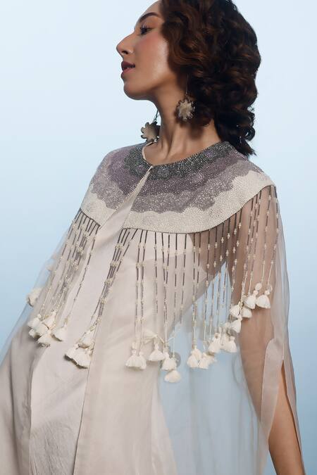 Eclat By Prerika Jalan_Ivory Organza, Satin Pearls, Cut Work Sheer Cutdana Embellished Cape With Dress _Online_at_Aza_Fashions