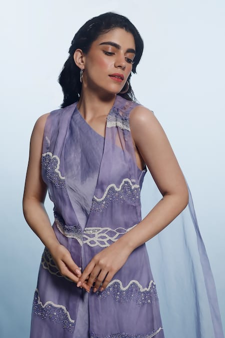 Eclat By Prerika Jalan_Purple Modal, Satin, Crepe Cutdana Embellished Wave Pattern Cape With Dress _Online_at_Aza_Fashions