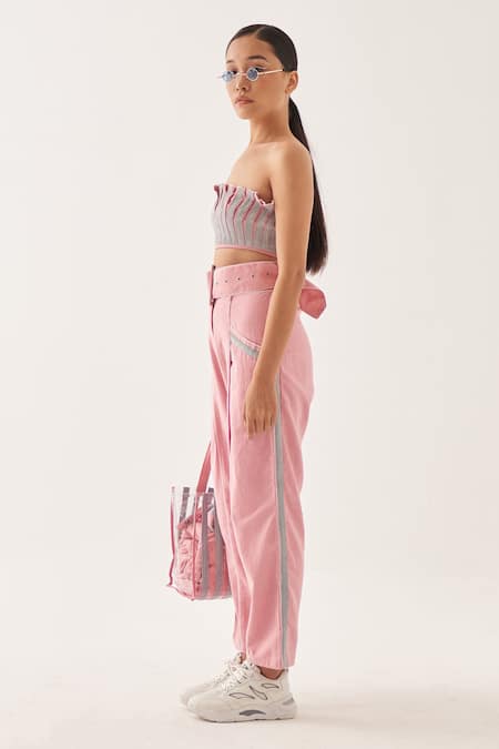 Buy_Cross A Line_Pink Cotton, Linen Bandeau Neck Amelia Bustier And Pant Set _Online_at_Aza_Fashions