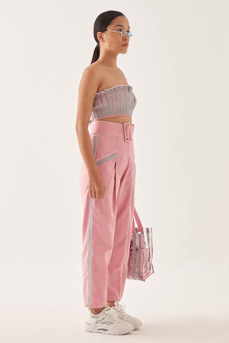 Shop_Cross A Line_Pink Cotton, Linen Bandeau Neck Amelia Bustier And Pant Set _Online_at_Aza_Fashions