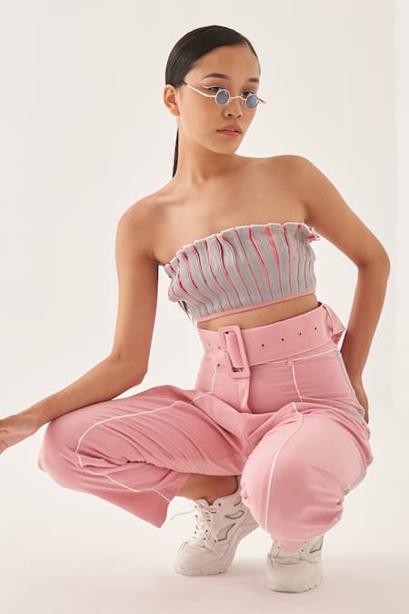 Buy_Cross A Line_Pink Cotton, Linen Bandeau Neck Amelia Bustier And Pant Set 