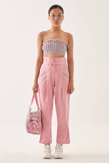 Cross A Line Pink Cotton, Linen Bandeau Neck Amelia Bustier at Aza Fashions Cross A Line_Pink Cotton, Linen Bandeau Neck Amelia Bustier _at_Aza_Fashions