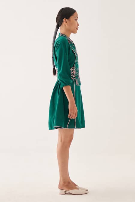 Shop Cross A Line Green Cotton, Linen Embroidery Collared Apron Knee-length Dress at Aza Fashions Shop_Cross A Line_Green Cotton, Linen Embroidery Collared Apron Knee-length Dress _at_Aza_Fashions