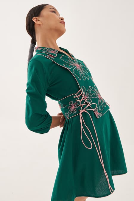 Shop Cross A Line Green Cotton, Linen Embroidery Collared Apron Knee-length Dress Online at Aza Fashions Shop_Cross A Line_Green Cotton, Linen Embroidery Collared Apron Knee-length Dress _Online_at_Aza_Fashions