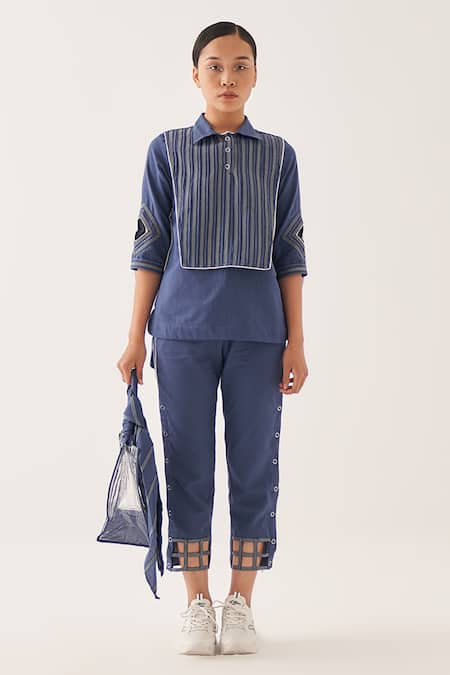 Cross A Line Blue Cotton, Linen Collared Top And Straight-fit Trouser Set 
