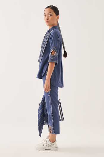Cross A Line_Blue Cotton, Linen Collared Top And Straight-fit Trouser Set _Online_at_Aza_Fashions