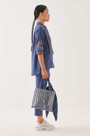 Buy_Cross A Line_Blue Cotton, Linen Collared Top And Straight-fit Trouser Set _Online_at_Aza_Fashions