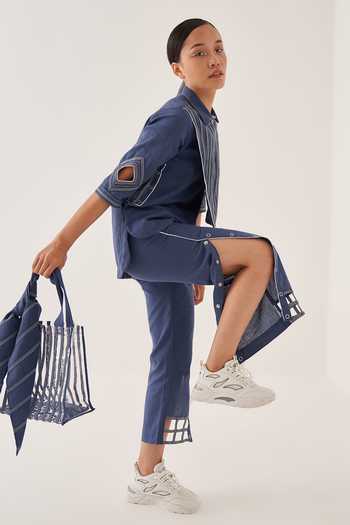 Shop_Cross A Line_Blue Cotton, Linen Collared Top And Straight-fit Trouser Set _Online_at_Aza_Fashions