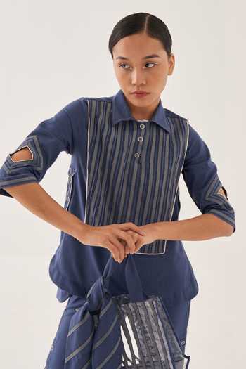 Buy_Cross A Line_Blue Cotton, Linen Collared Top And Straight-fit Trouser Set 