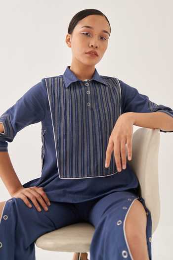 Shop_Cross A Line_Blue Cotton, Linen Collared Top And Straight-fit Trouser Set 
