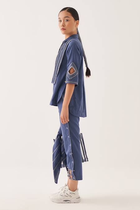 Cross A Line_Blue Cotton, Linen Collared Top _Online_at_Aza_Fashions