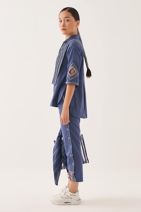 Cross A Line_Blue Cotton, Linen Straight-fit Trouser _Online_at_Aza_Fashions