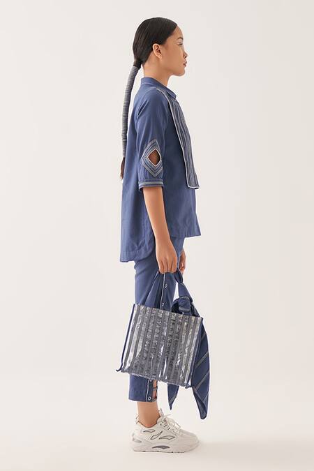 Buy_Cross A Line_Blue Cotton, Linen Straight-fit Trouser _Online_at_Aza_Fashions