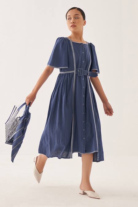 Buy Blue Cotton Linen Solid Round Azure Gathered Dress For Women by ...