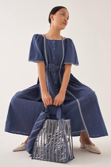 Cross A Line Azure Cotton Linen Gathered Dress 