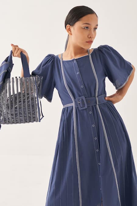Cross A Line_Blue Cotton, Linen Round Neck Azure Gathered Dress _Online_at_Aza_Fashions