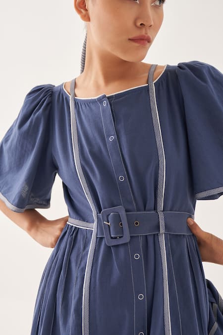 Buy_Cross A Line_Blue Cotton, Linen Round Neck Azure Gathered Dress _Online_at_Aza_Fashions