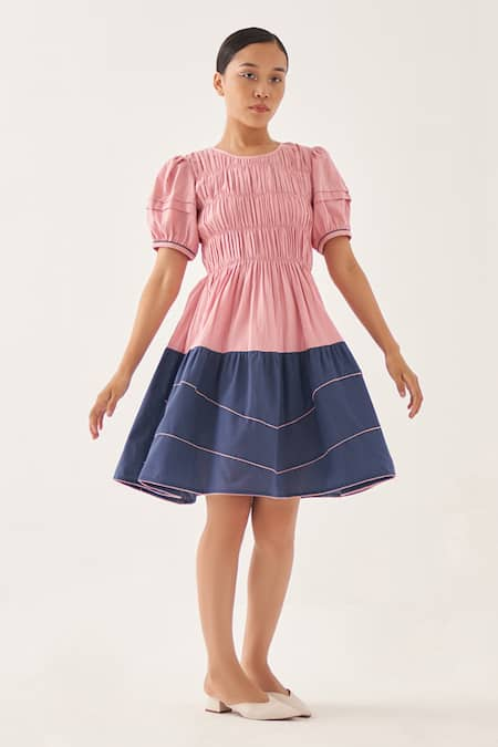 Buy Pink Cotton Linen Solid Round Bella Smocked Dress For Women by CROSS A  LINE Online at Aza Fashions.