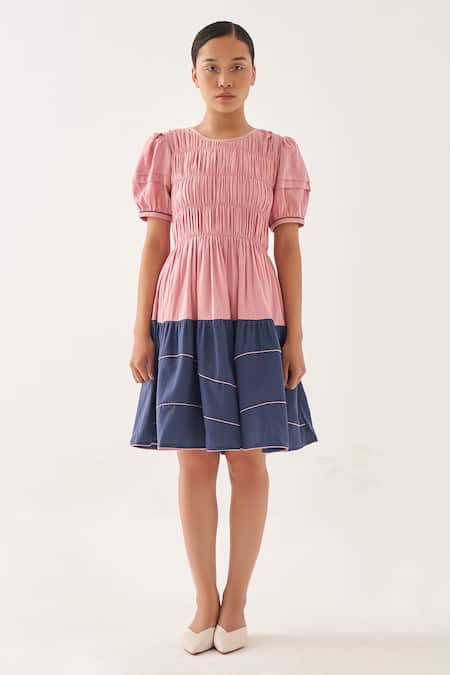 Cross A Line_Pink Cotton, Linen Round Neck Bella Smocked Dress _Online_at_Aza_Fashions
